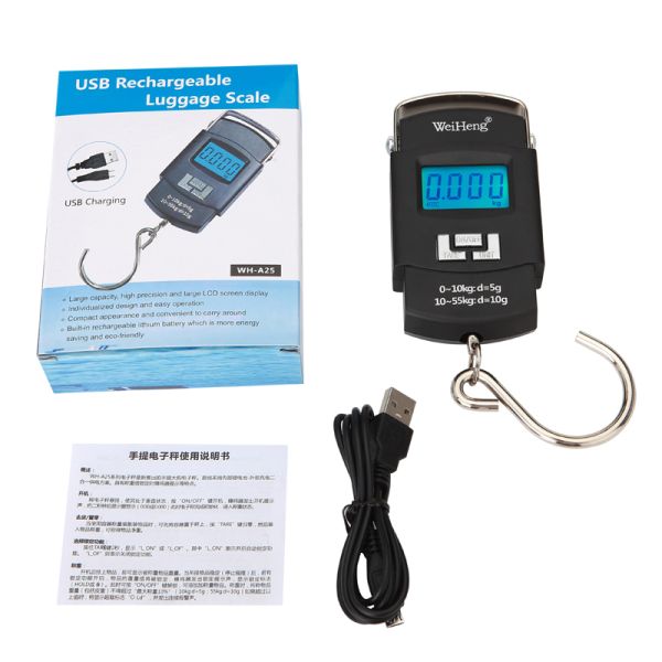 55kg USB Recharging Portable Luggage Scale with Big Hook Division 10G Units lb Portable and Accurate Weighing Solution