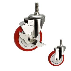 China 176lbs Stainless Steel Casters 75mm Silent Red Wheel PU Threaded Stem Side Locking Casters on sale