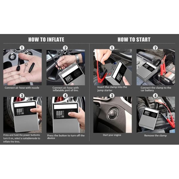 Jump Starter Power Pack with Air Compressor 12V 2000A 12000mAH Car Battery Booster Portable Car Battery Charger