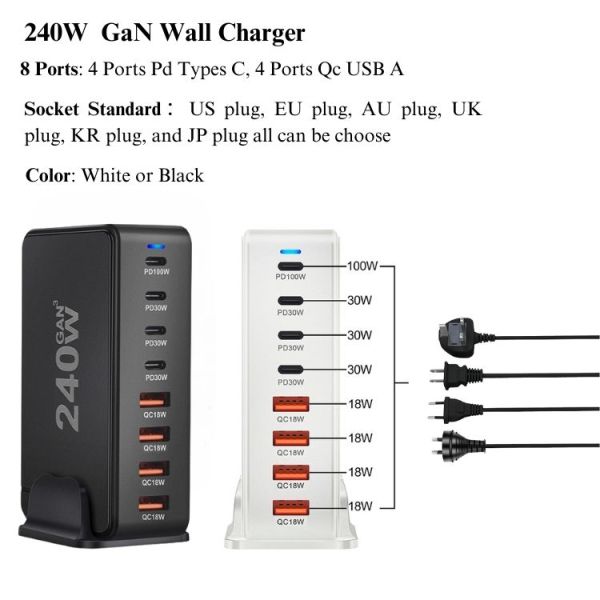 Universal Compatibility 8 Port Usb C Pd Qc 240w Fast Desk Charger With Quick Charger Docking Station
