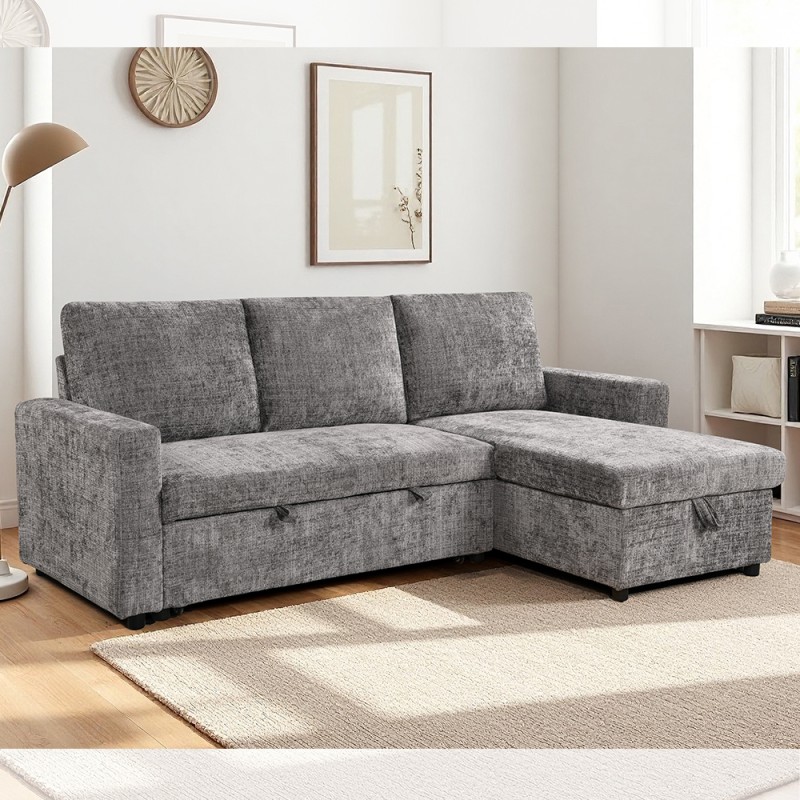 L-Shaped Reversible Sectional Sleeper Sofa with Pull-Out Bed and Storage, Metal Gray Fabric