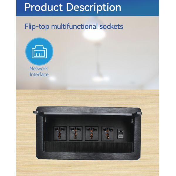 Pop Up Power Strip with 4 Universal Power Sockets and CAT6 RJ45 Aluminum Alloy Faceplate Smooth Damping Operation