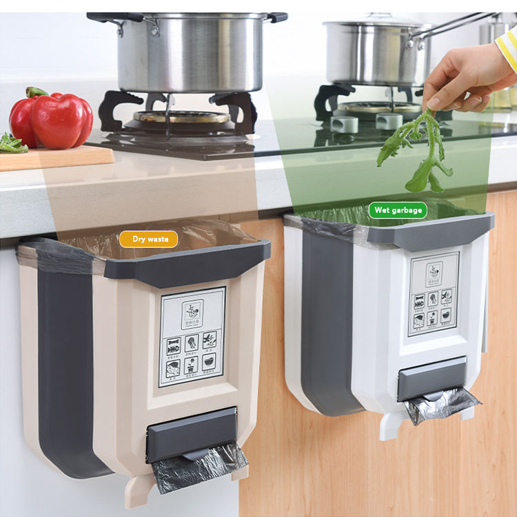 Collapsible Hang Small Plastic Garbage Can 2.4 Gallon Foldable Waste Bin for Kitchen Trash Can