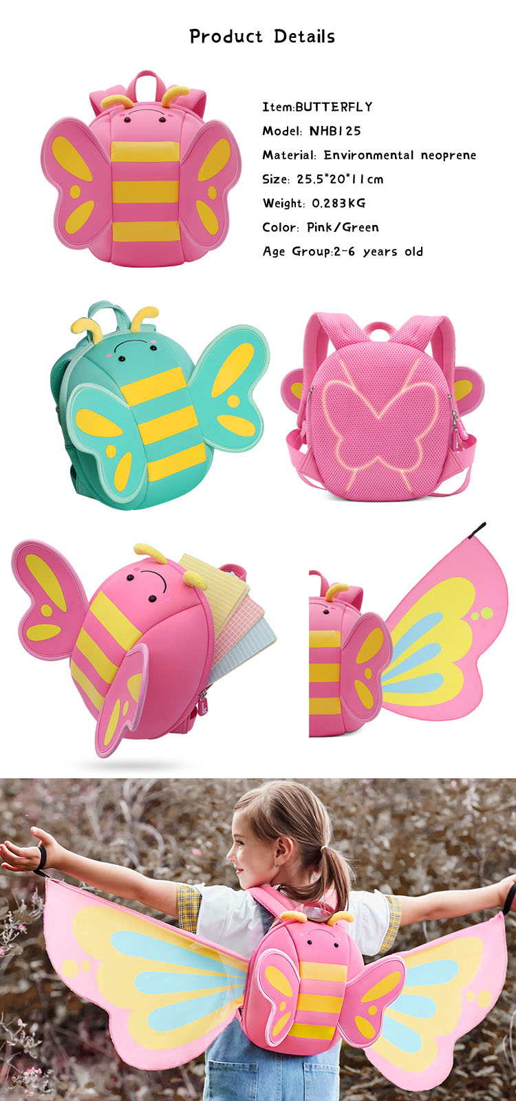 Nohoo factory price blue butterfly 3D cartoon backpack preschool neoprene Backpack for girls