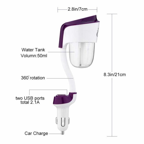 Vehicle Ultrasonic Air Humidifier With Dual USB Charger Adapter