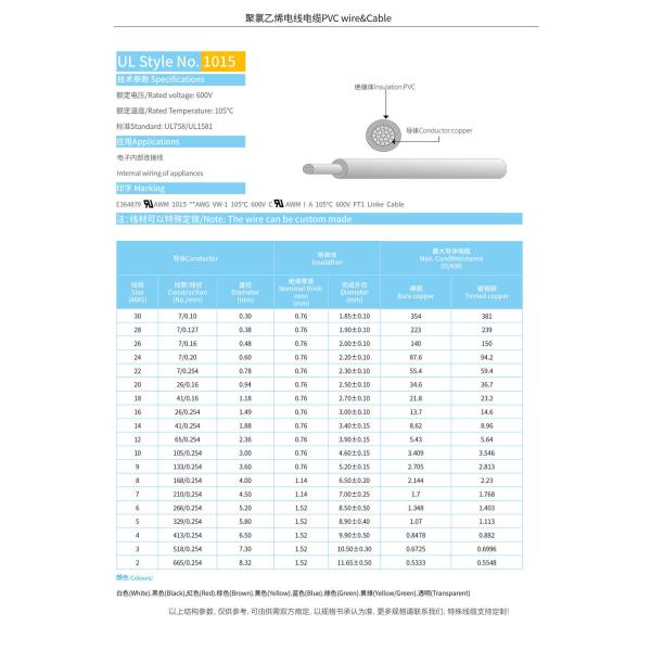 UL1015 Tinned Electronic Wire 2-26AWG Polyvinyl Flame Retardant Cable for Products