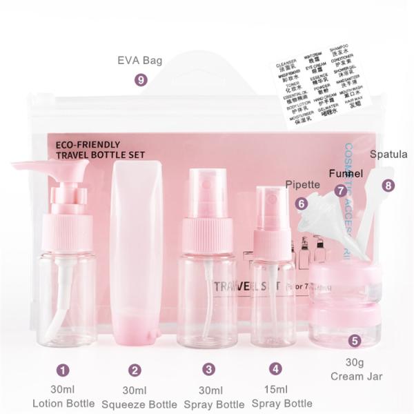Small Refillable Empty Bottle Travel Kit , 9 Pcs Leak Proof Travel Bottles