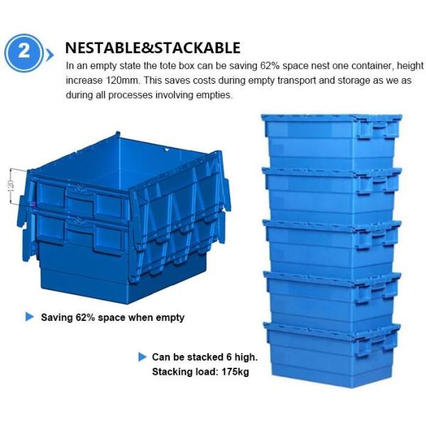 Heavy duty stackable attached lid turnover box, Stackable and nestable plastic shipping tote box for storage or moving