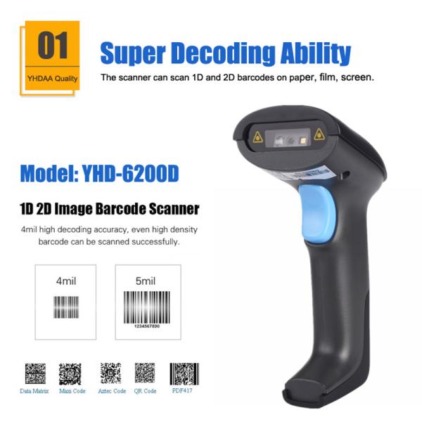 USB Handheld QR Code Scanner CMOS 2D Wired Barcode Scanner YHD-6200D