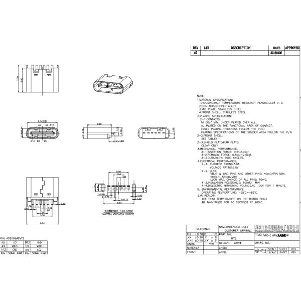 USB Female Type C Connectors 6 Pin 180 Degree Dip 3.1mm UL94V-0 Housing