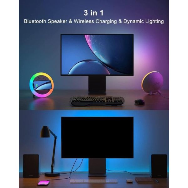 10W Wireless RGB Ambient Light Desktop Charger Multi Function Portable Wireless Speaker With Mobile Phone Holder