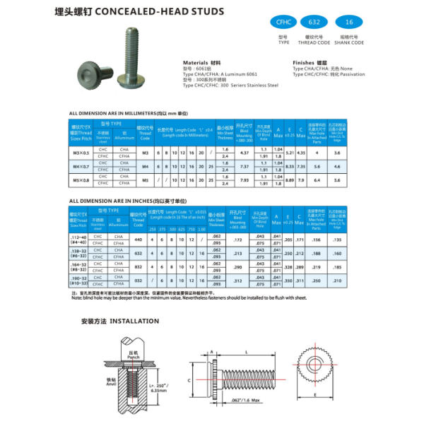 Self Clinching Countersunk Knurled Concealed Head Studs Fasteners Aluminum Stainless Steel