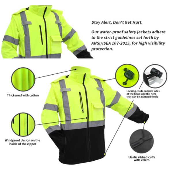 55inch Waterproof Safety Reflective Jacket with Removable Hood and Sleeves Compliant with ANSI/ISEA 107-2015 Class 2