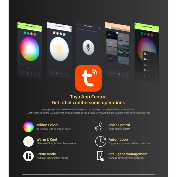 Wifi Portable Table Lamp App Control RGBW Night Light, Rechargeable for Bedrooms, Living Rooms and Office