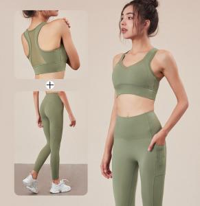 China Sexy Fitness Sportswear Yoga Pants And Sports Bra Set Black Mesh  With Pockets on sale