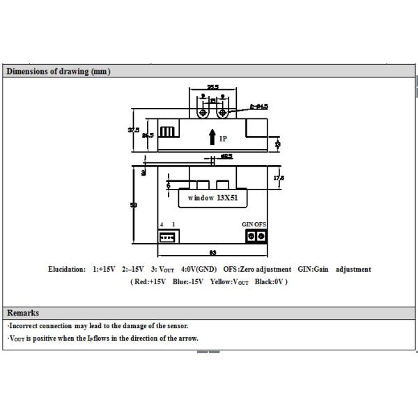 Hall Effect Current Sensor CS2000FA Window size 13 x 51 mm 4V Output