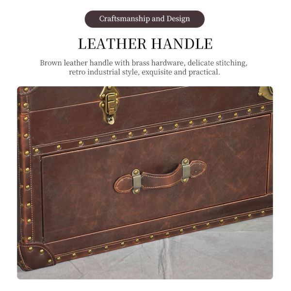 Nidea #8623 American-Style Retro Box-Shaped Handmade Leather Trunk Table for Living Room Home Bars Hotels Lounges