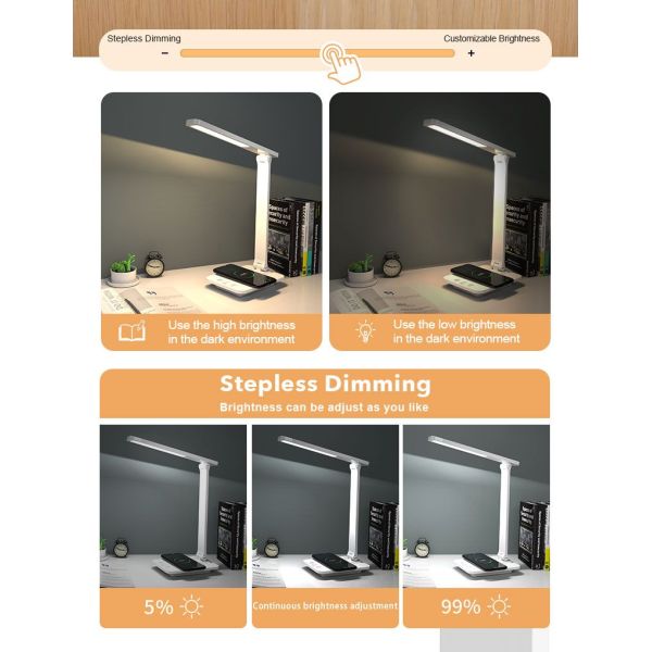 LED Desk Lamp With USB Port Fast Wireless Charger Eye Caring Dimming Table Lamp For Mobile Phones