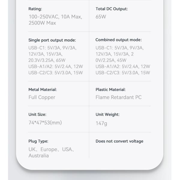 Essager 2023 Travel New Product Phone Accessories Quick Charging 3 USB-C 2 USB-A Portable Travel 65w Charger