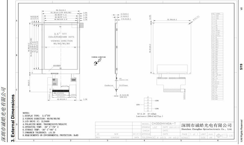 3.5inch IPS LCD Screen 320*480 Resolution With 8bits SPI Interface