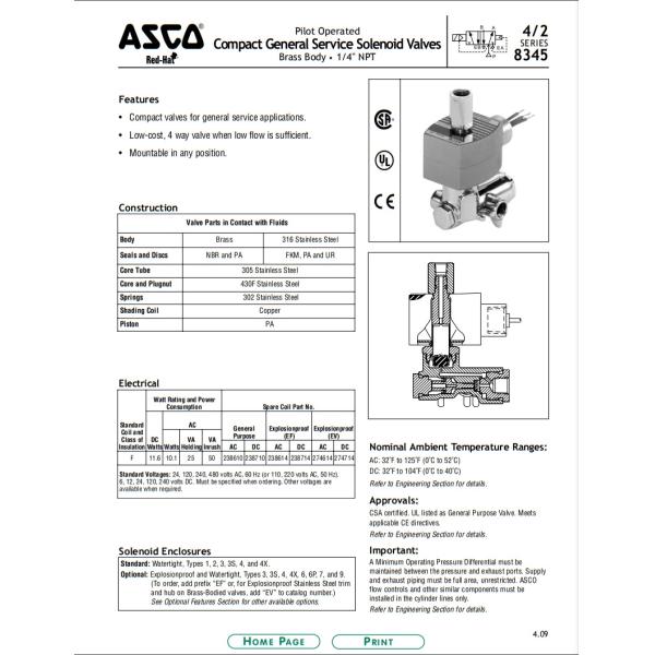 Compact General Service 2 Position 4 Way Solenoid Valve ASCO 345 Female NPT