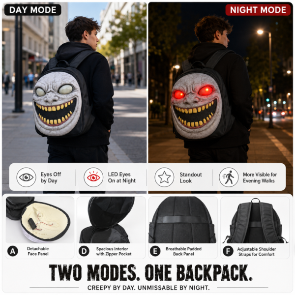 Horror Ghost Face Backpack with Detachable Latex Panel, LED Glowing Eyes, Adjustable Straps for Halloween Party Cosplay Travel