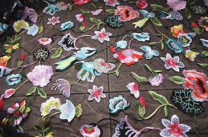 China Multi Colored Lace Fabric With Embroidered Florals , Heavy Embroidered Lace Cloth on sale