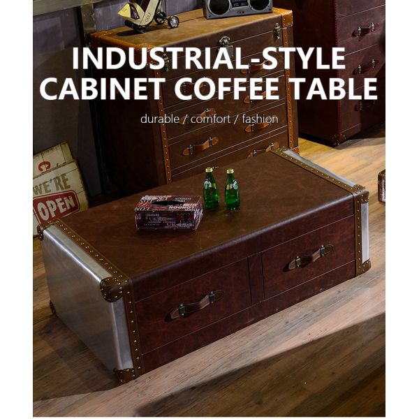 Nidea #8611 Red Wine Bar Coffee Table Personalized Hotel Reception Room Industrial Style Double Drawer Retro Aluminum Leather Rivets