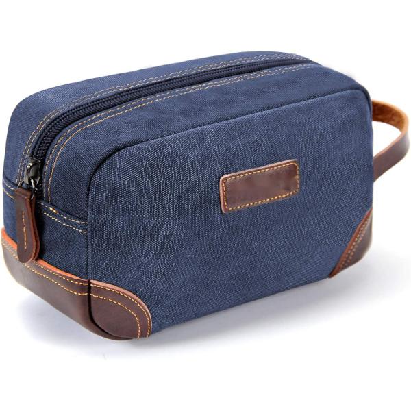Bathroom Toiletry Travel Bag For Men , Blue Leather And Canvas Large Dopp Kit