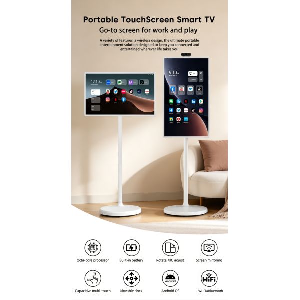 MJK 21.5" White Rechargeable Standing Smart TV with Touch Screen Android 4G+64G Built-In Speaker Portable with Wheels