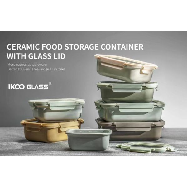 IKOO Stackable Ceramic Food Storage Container with Glass Lid