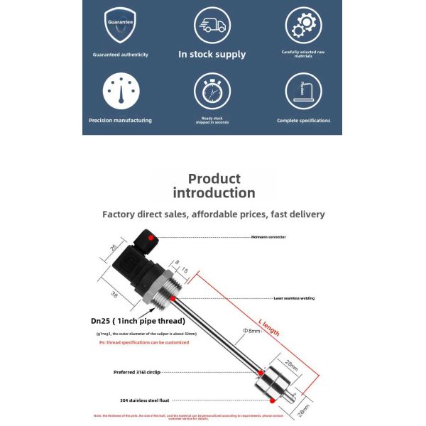 Vertically Mounted Stainless Steel 304 Magnetic Float Level Switch with 0-800mm Length for Pool Buffer Tank