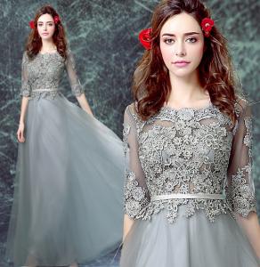 China Gorgeous Dark Gray Embroidery Lace Crepe Satin Sashes Evening Dress TSJY078 on sale