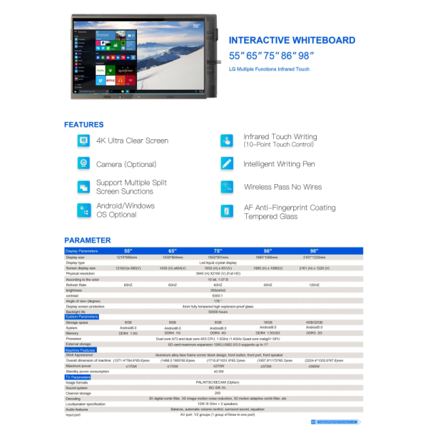 65" 75" 86" 98" Electronic Touch Screen Flat Panel Display Smart Board Interactive Whiteboard for Schools and Meetings