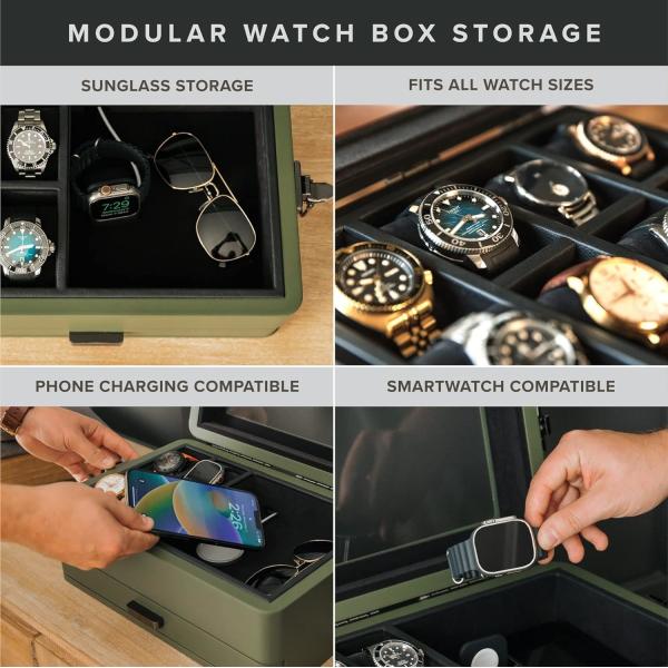 CASE ELEGANCE Military 10 Slot Watch Box Case Organizer for Men, Real Glass Top, Modular Valet Tray,