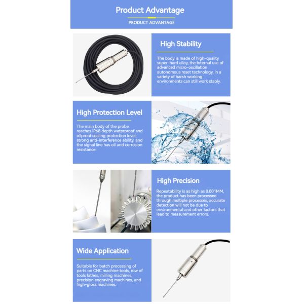 MT25-Plus 304 Stainless Steel IP68 Wired Probe XYZ Sensor 81mm Length 0.001mm Accuracy 1m Cable CNC Milling Machine