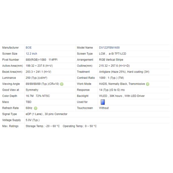 12.2 Inch TFT LCD Monitor 30PIN Industrial LCD Panel Screen 880 X RGB X 1080