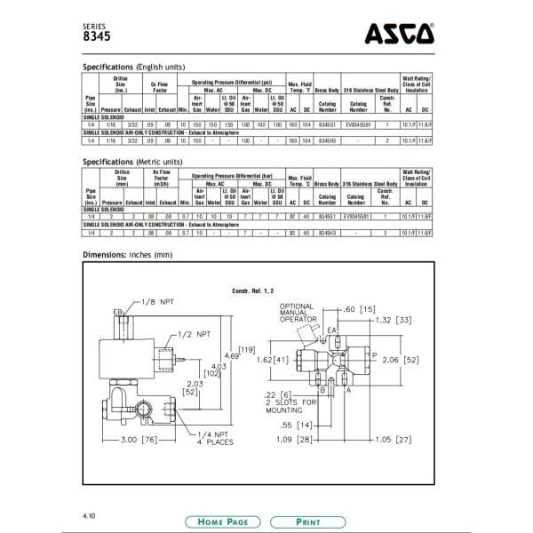 Compact General Service 2 Position 4 Way Solenoid Valve ASCO 345 Female NPT