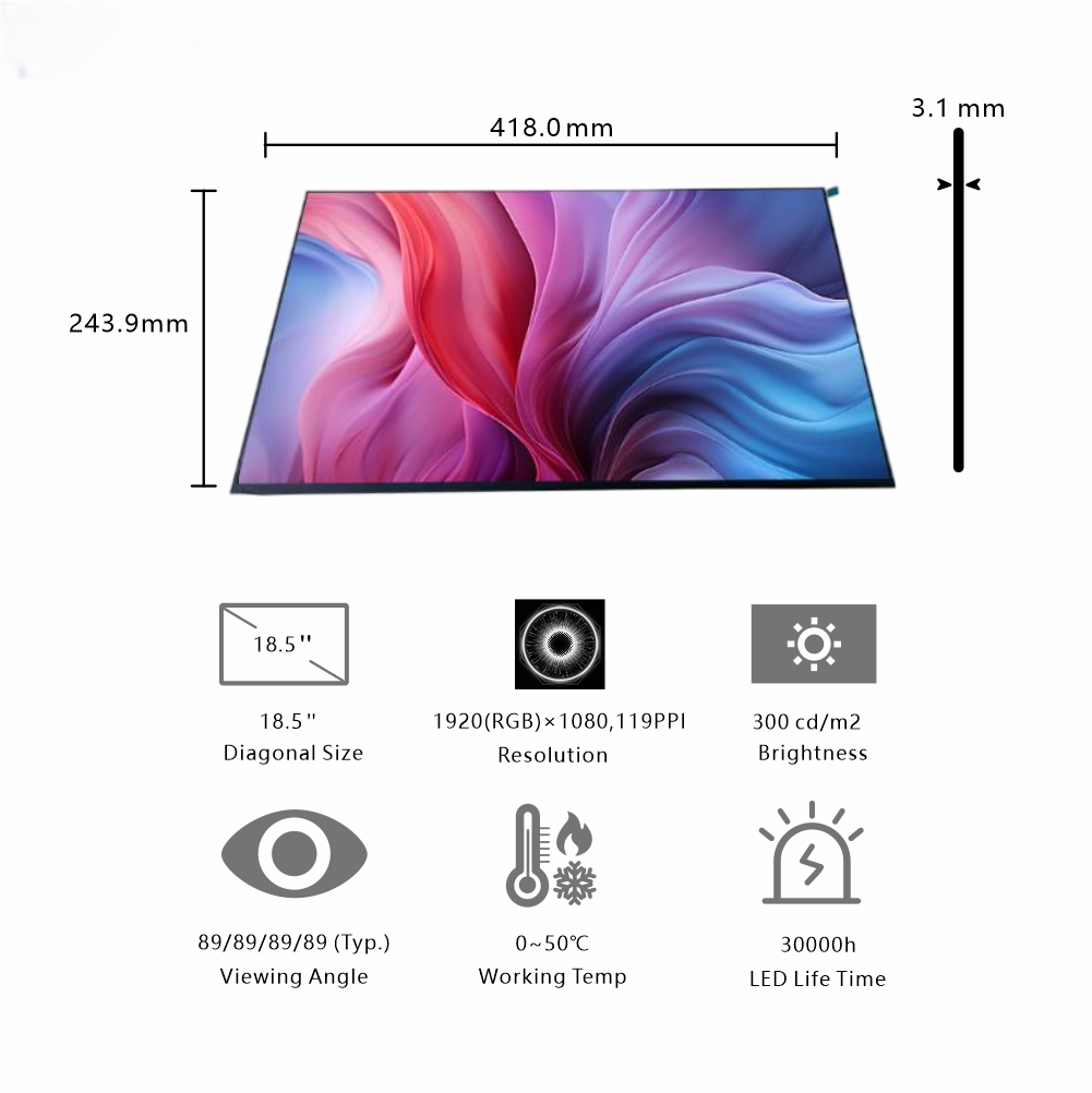 18.5-Inch Large FHD Industrial Display | 1920×1080 Resolution, LVDS Interface, 300cd/m² Brightness for Equipment Monitoring & Workshop Control Panels