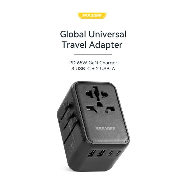 Essager 2023 Travel New Product Phone Accessories Quick Charging 3 USB-C 2 USB-A Portable Travel 65w Charger