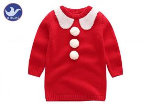 China Jaquard Collar Girls Knitted Dress , Girls Red Jumper Dress With Fluffy Ball Decoration on sale