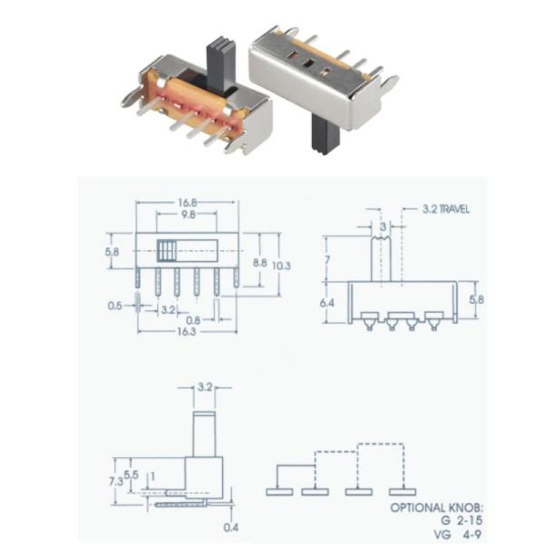 High Side Knob 8 Pin 3 Position DPDT Slide Switch 0.5A 50VAC SK13D01G