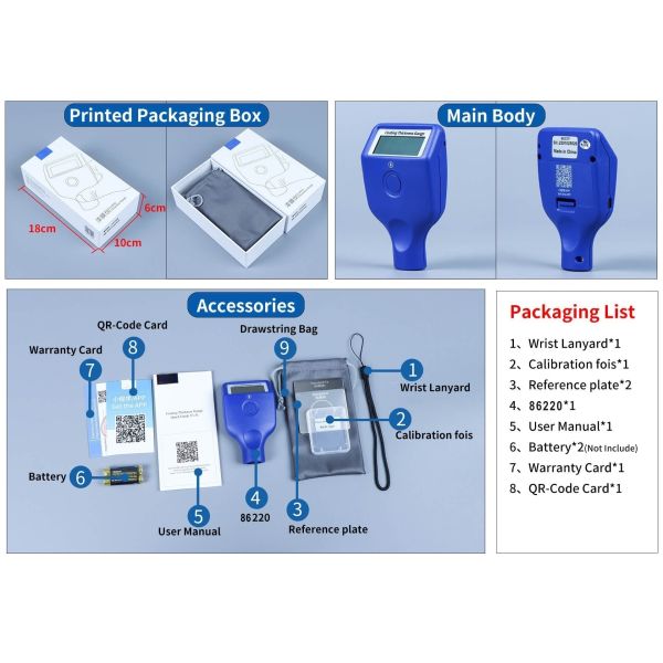 86220 Professional Paint Thickness Gauge with 0.5s Fast Response Ruby Probe and Bluetooth Data Transmission