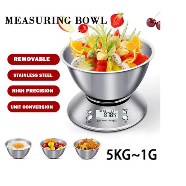 Detachable Bowl Digital Stainless Steel Kitchen Food Scales Powered by 2*AAA Batteries for Household and Hotel Weighing