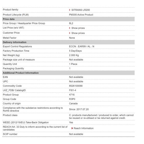 7ML5422-2CH30 Sitrans LR200 SIEMENS Radar Level Transmitter