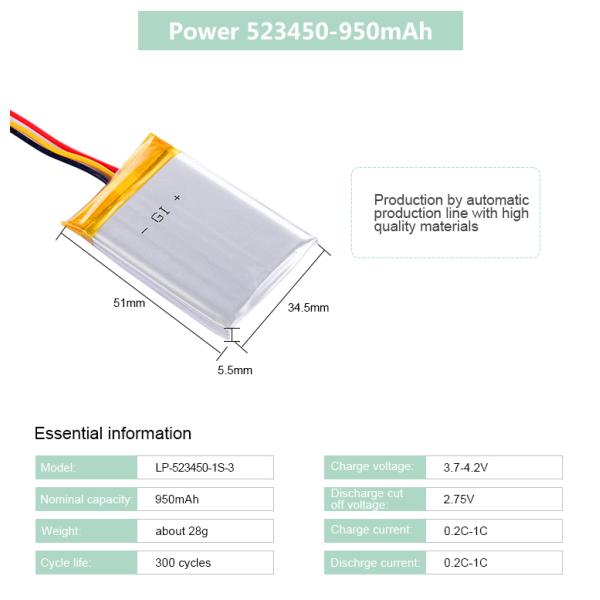 Office Electronic Equipment Use Rechargeable Lipol Battery Cell LP-523450-1S-3 3.7V 950Mah Lithium Polymer Battery