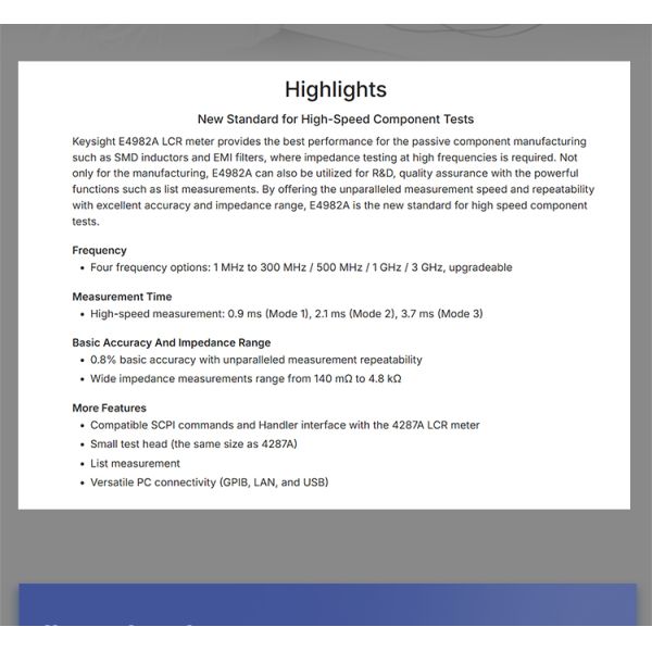 KEYSIGHT Agilent E4982A LCR Meter with 20 Hz to 2 MHz Frequency Range 0.05% Accuracy and 510 MHz Analyze Bandwidth