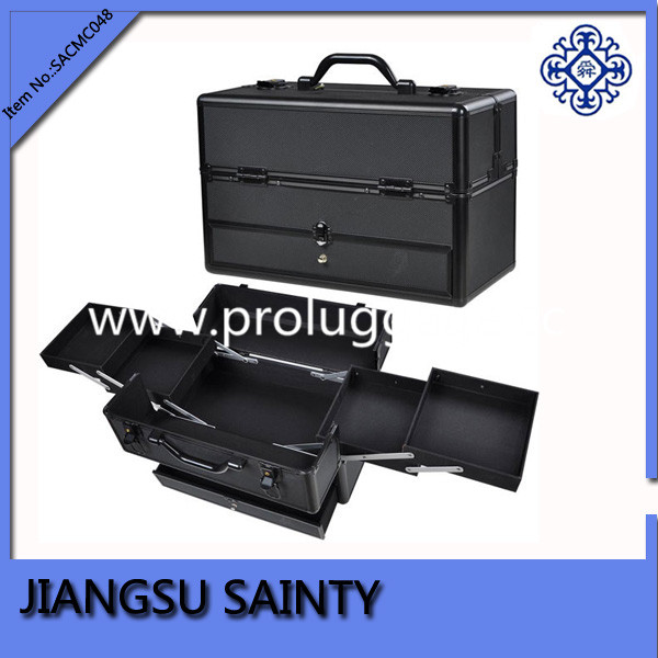 Good design makeup vanity case black ABS train makeup case with drawers