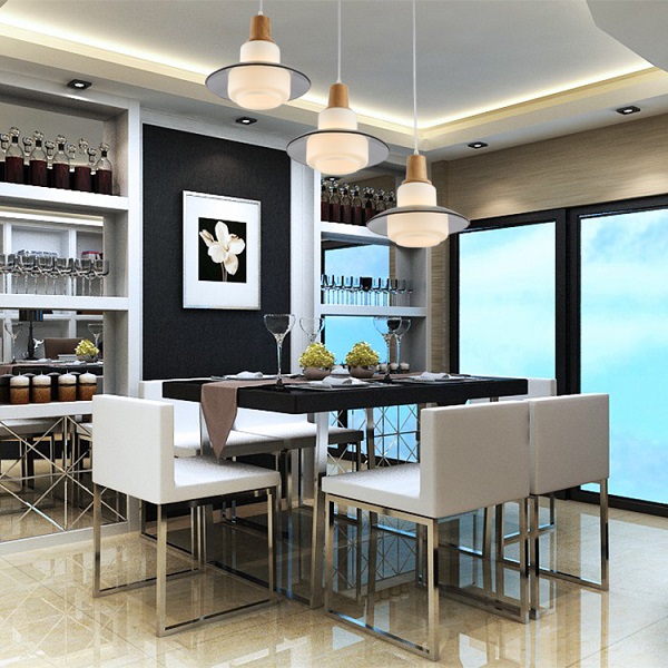 Oak wood dinner room pendant lamp with 3heads glass shade E27 socket wood imported