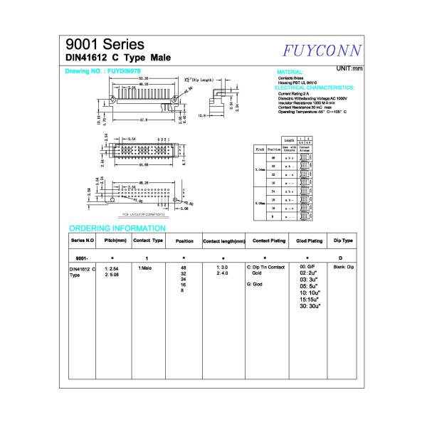 3 Rows Eurocard Connector 16P 32P 48P Male Type Right Angle PCB DIN41612 Connector